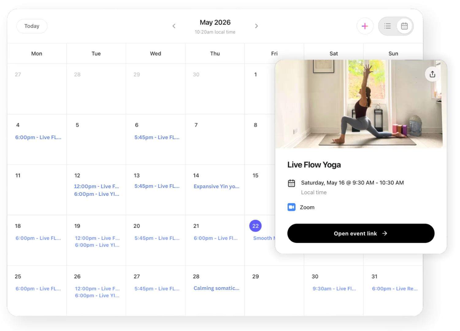 Calendar schedule with live classes and upcoming events