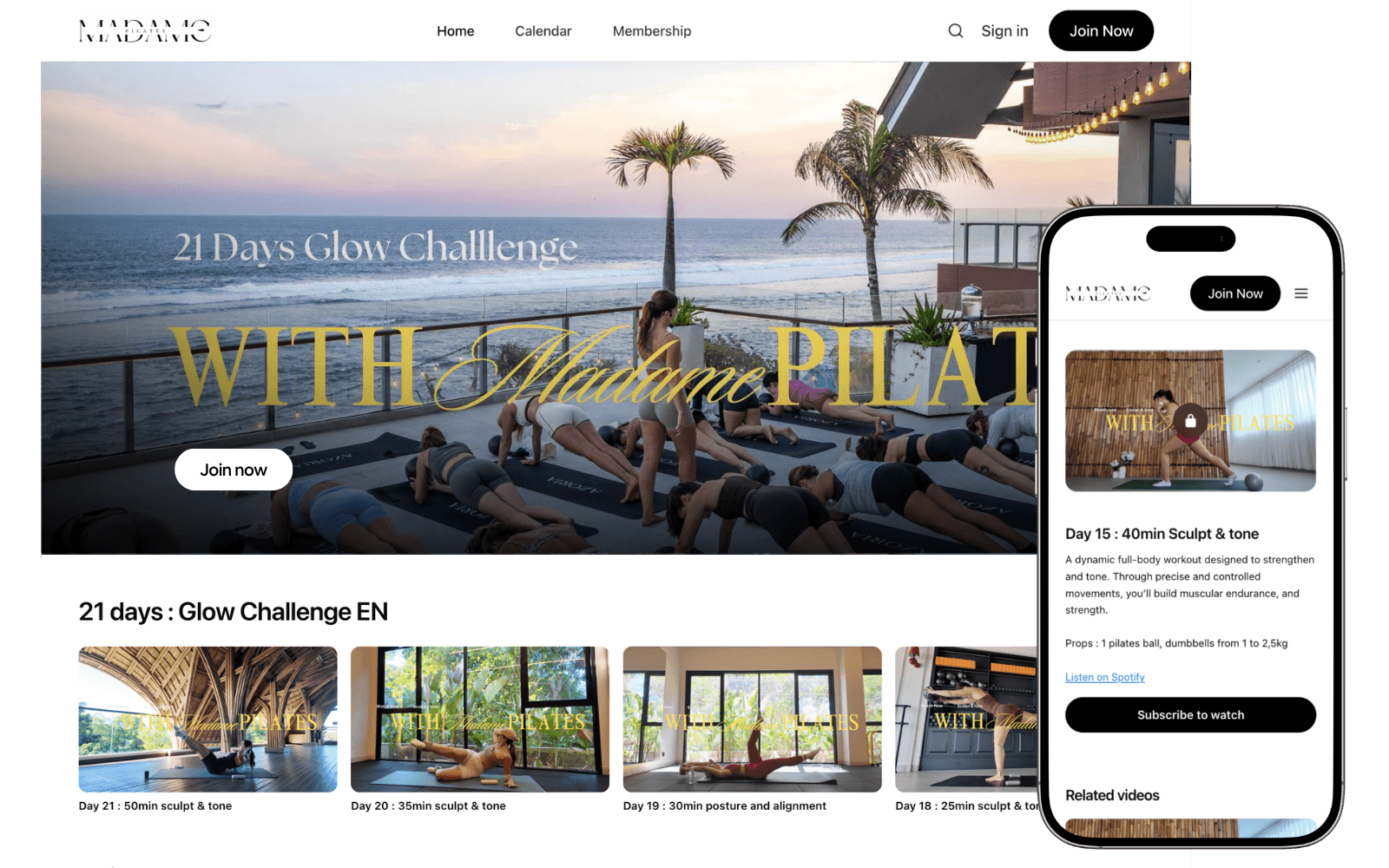 Madame Pilates’ 21 day challenge video library and class page on desktop and mobile