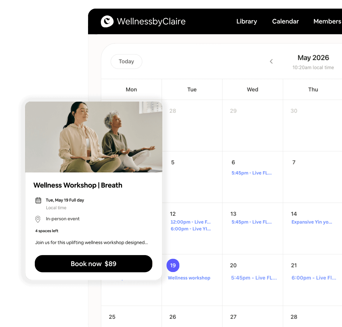 Libree’s video library and live class calendar together in one studio