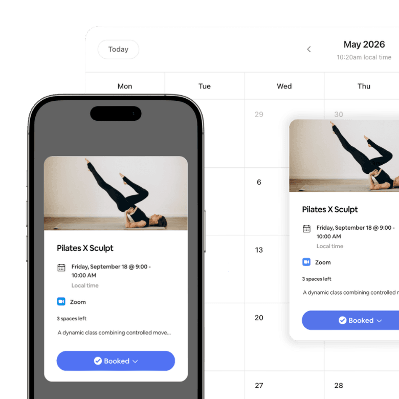 A Libree class booking displayed across phone and desktop screens