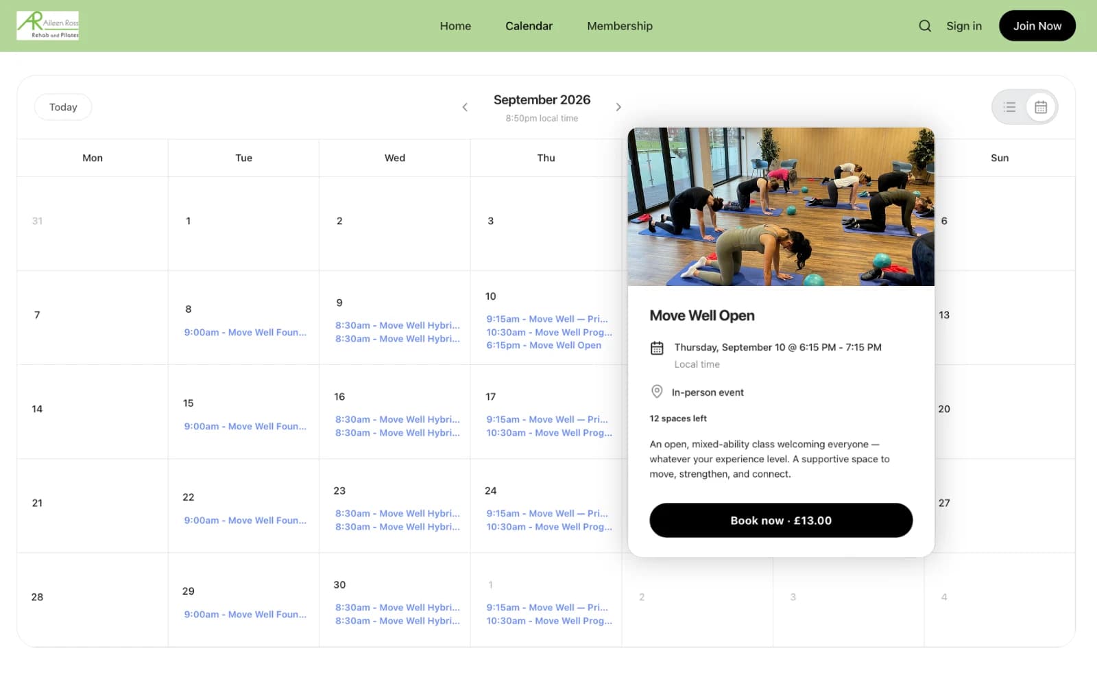 Aileen Ross Rehab & Pilates calendar showing online classes, in-person Pilates sessions and events in Libree