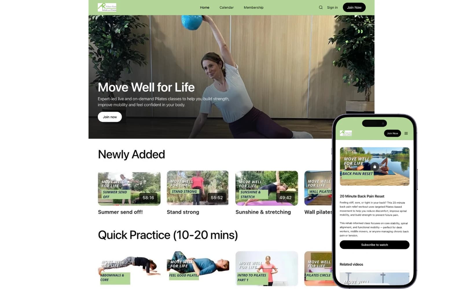 Aileen Ross Rehab & Pilates searchable on-demand video library in Libree