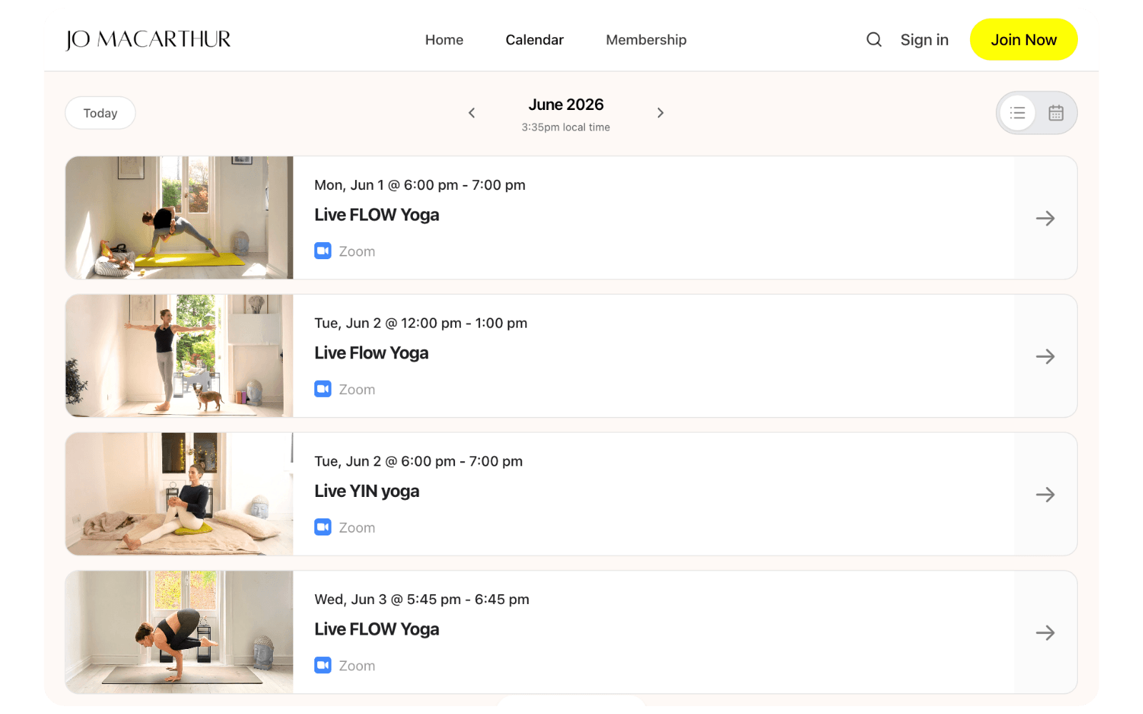 Jo Macarthur Yoga’s Libree calendar listing upcoming live Flow and Yin yoga classes on Zoom