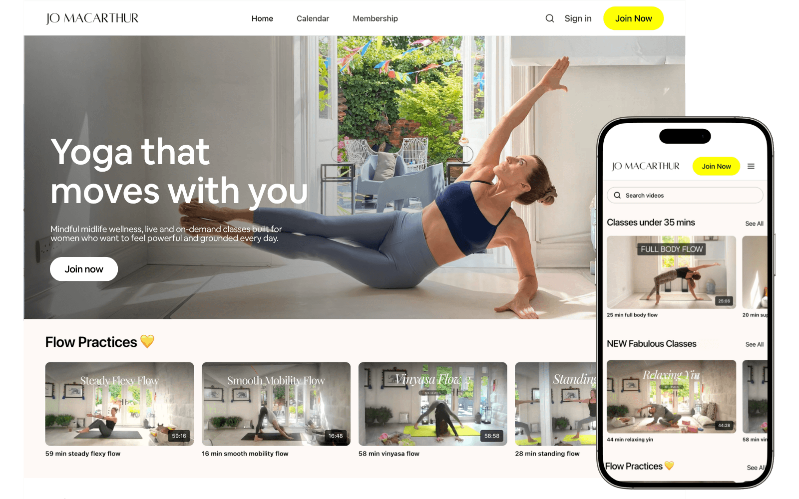 Jo Macarthur Yoga’s on-demand library on desktop and mobile