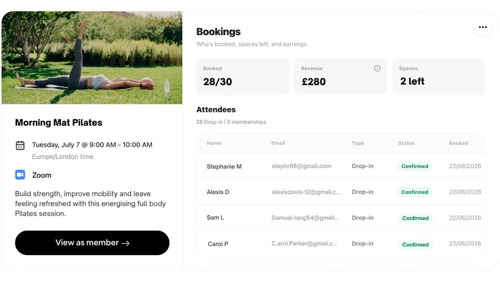 An example of a class booking on Libree