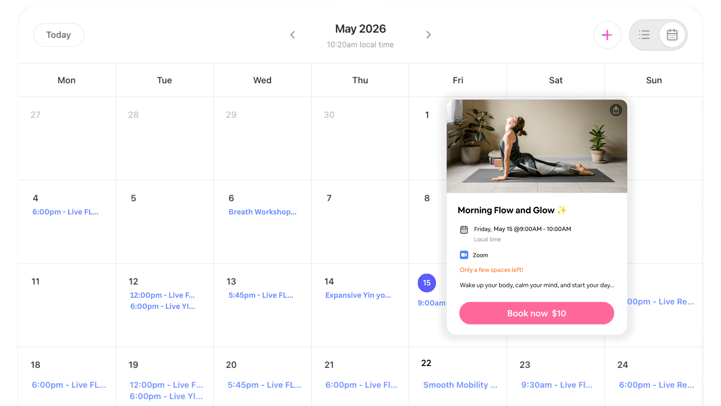 Libree’s live class calendar with a yoga session, Zoom location, available spaces and a paid booking button