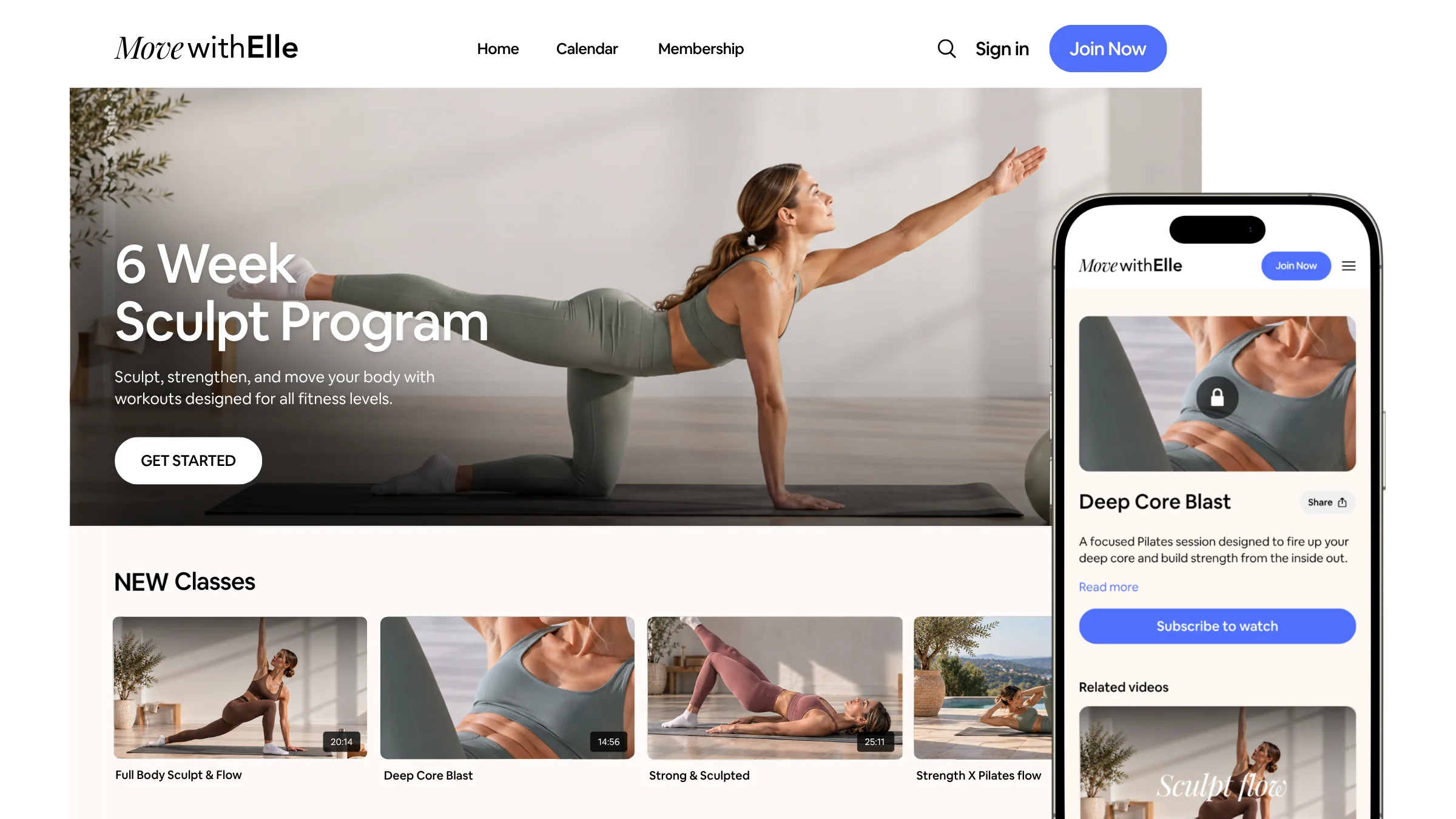 Move with Elle’s branded on-demand video library with a featured sculpt programme and fitness class collections